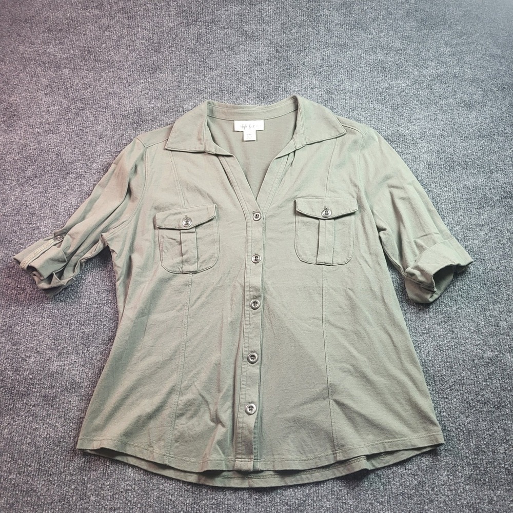 Style & Co Petite PM Olive Green Cotton Utility Button Down Roll Tab Shirt - Picture 3 of 8